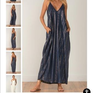 Elan Cleo Dress. Navy with metallic gold print. NWT.